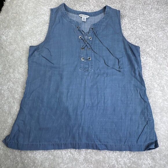 Tommy Bahama Tencel Denim Chambrey Sleeveless Lace Up Tank Top - Picture 1 of 7